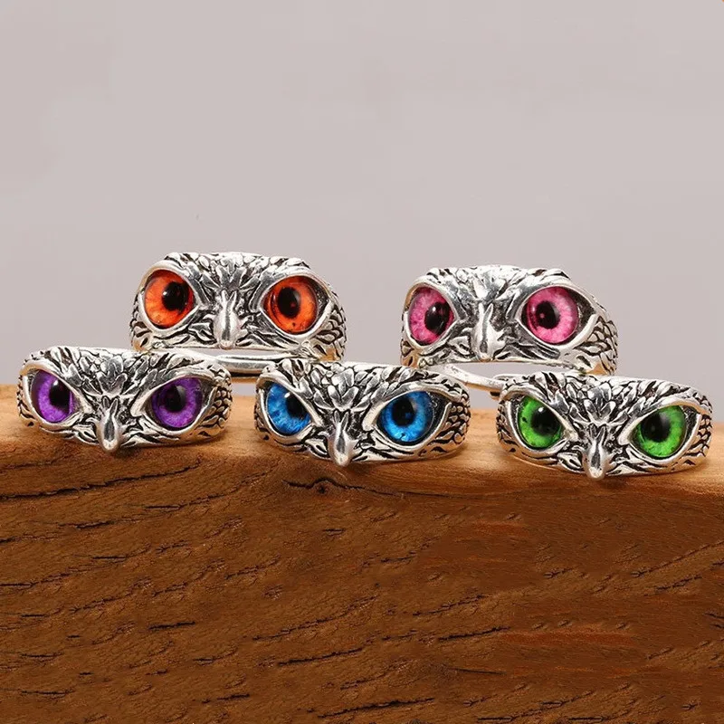 Verstellbarer Vintage-Eulenring für Herren und Damen, Retro-Ring mit bunten Augen