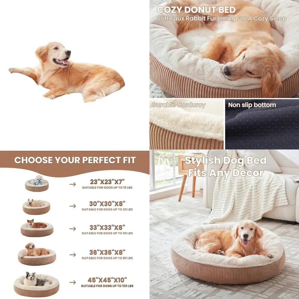 

Large Round Donut Dog Bed - Removable Washable Cover, Plush Faux Fur & Corduroy, Fits Pets up to 80 lbs, Brown (36 inches)