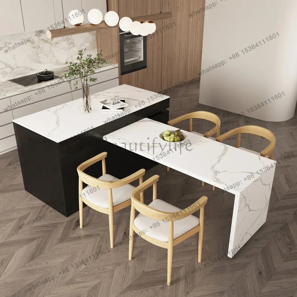 

81''-106" Modern Extendable Marble Pattern Kitchen lsland Withe with Doors and Drawers Dining table with storage cabinet