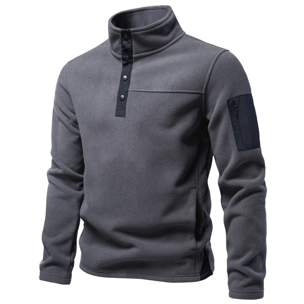 AIOPESON Herren Fleece-Sweatshirt mit mehreren Taschen, Stehkragen, Druckknöpfen, einfarbig, lässiger Outdoor-Pullover, warm für Herbst und Winter. – Detail 9