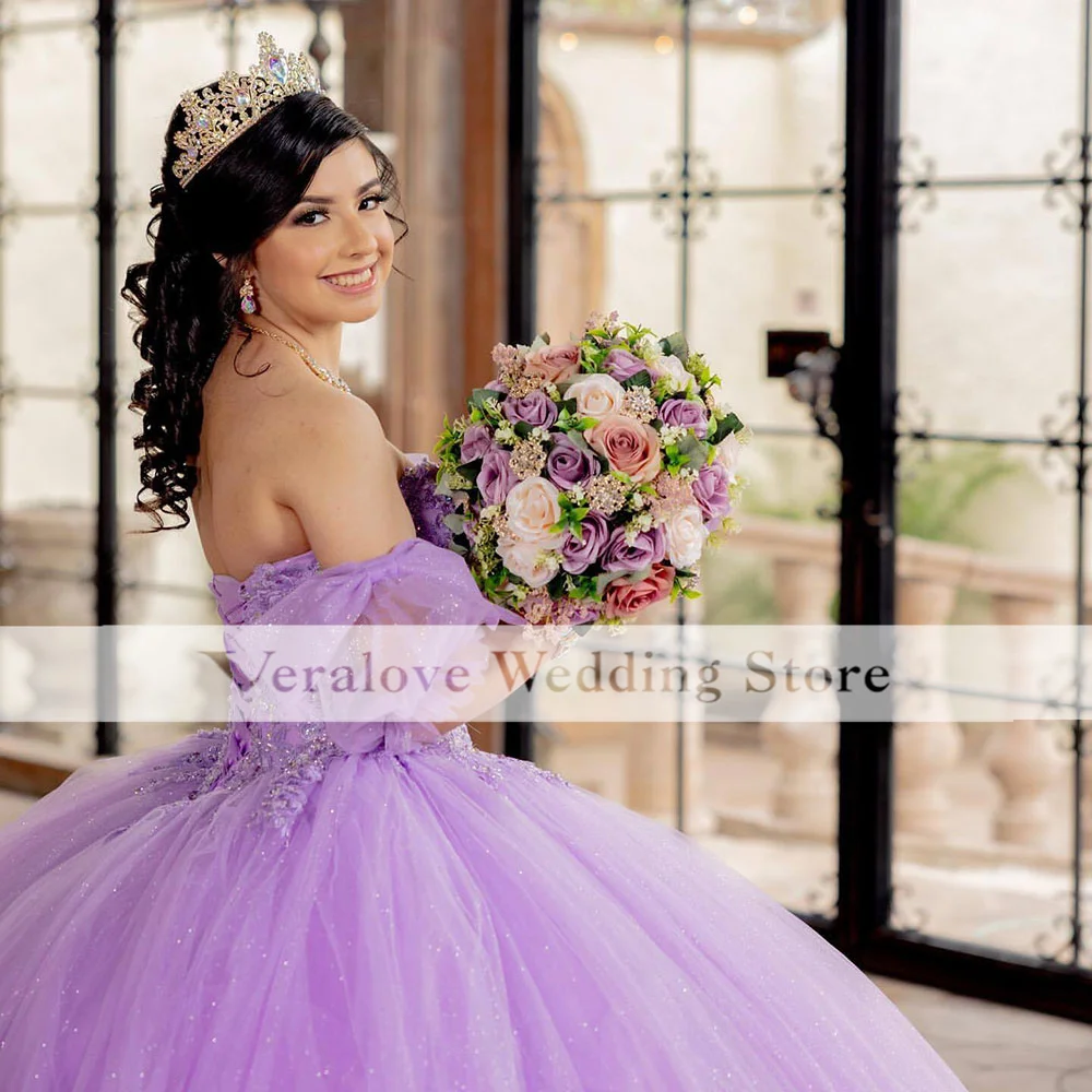 Vestido de quinceañera Lila, corsé con hombros descubiertos, apliques florales, cristal, 15 años