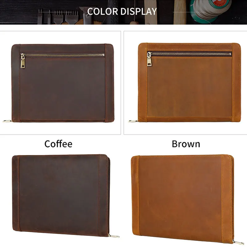 Genuine Leather Briefcase Men Zipper Portfolio Folder Retro Busniess Padfolio for 9.7in Ipad/a6 Notebook Organizer for Documents