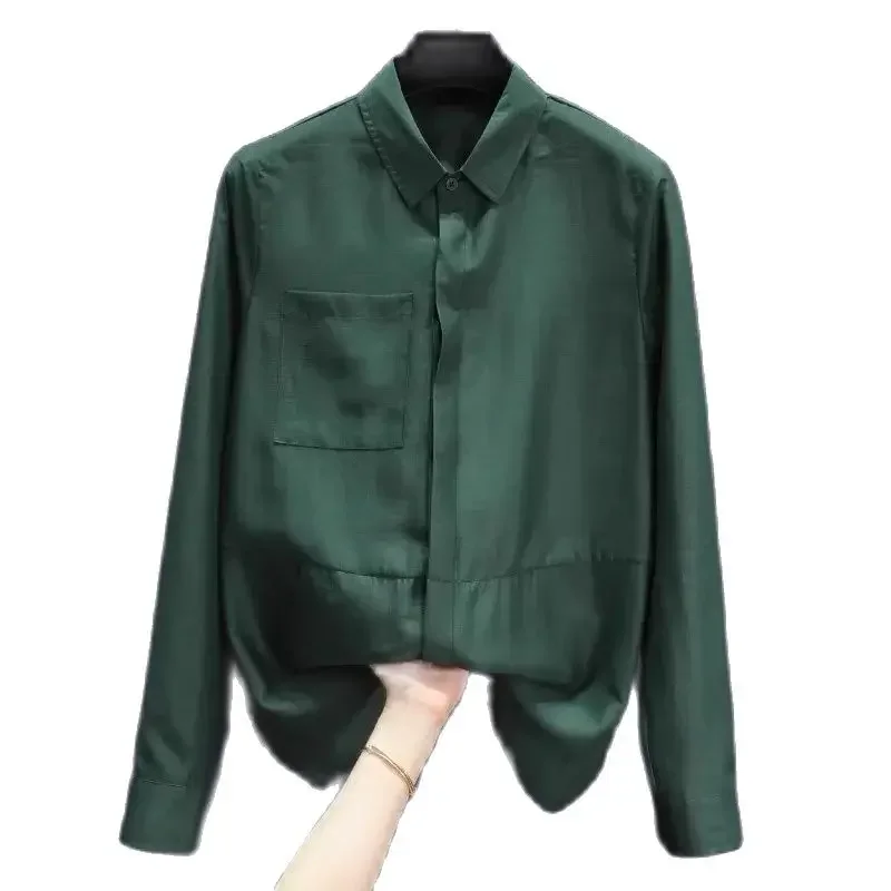 Dark Green Tencel Shirt for Women Autumn High-end Long Sleeve Polo-neck Blouse Pocket Loose Patchwork Tops Office