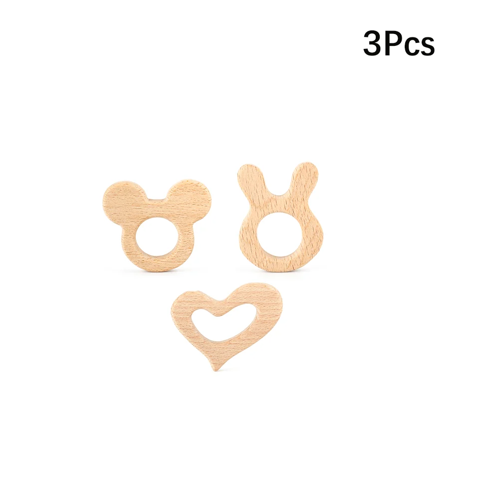 3Pcs/Set Animals Wooden Teether Natural Beech Wood Pendant Safety Environment Baby Teething Toys Pacifier Chain Accessories