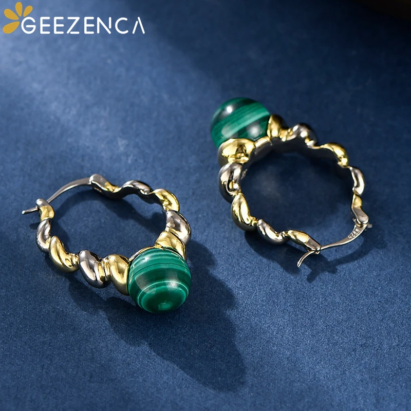 GEEZENCA Natural Malachite 925 Sterling Silver Dangle Earrings Women Dichroic Plating Spiral Twisted Chic Earring 2023 New Gift