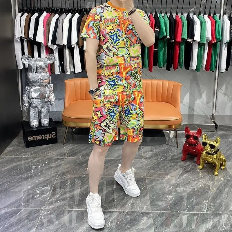 2024 summer suit new short-sleeved shorts men's high-quality two-piece set personalized printing trend handsome