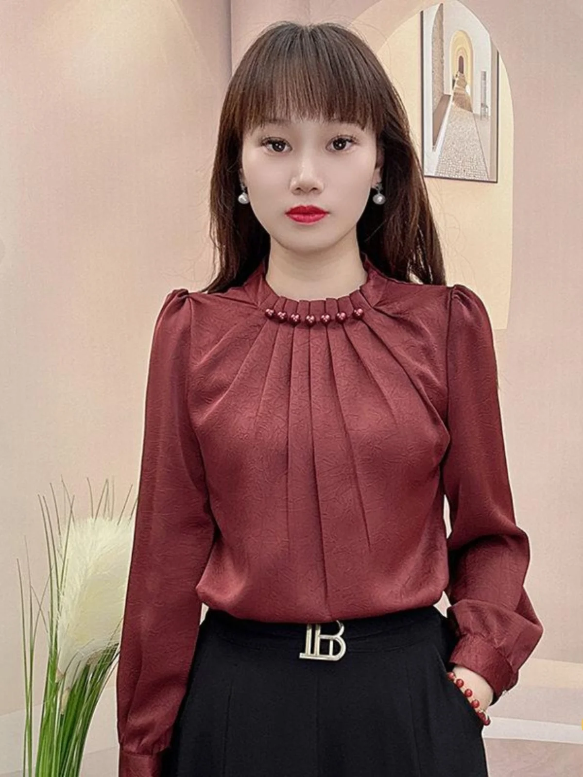 Women's Long Sleeve Shirt Base Layer Outerwear Autumn 2024 New Style Versatile Slimming Belly Cover Fashionable Top