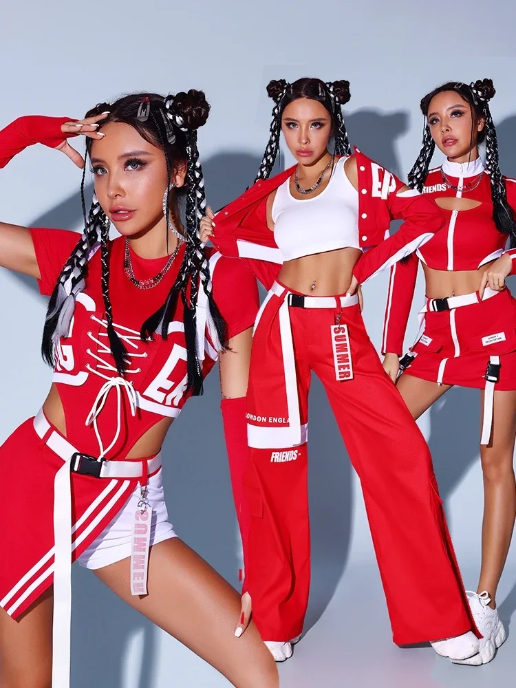 Women Gogo Dancers Red Outfits Adult Hip Hop Dance Performance Stage Party Dress Girls Group Jazz Dance Costumes