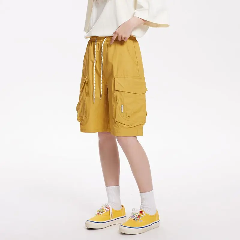 Fashion Solid Color New Flip Cover Large Pocket Loose Shorts Street Casual Korean Drawstring Elastic Waist Affordable Pants