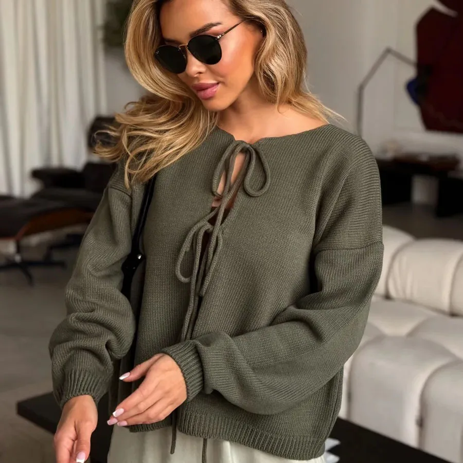 

Brown Lace Up Bow Knitted Cardigan Fashion Casual O-neck Long Sleeve Hollow Out Sweater 2024 Autumn Female High Street Knitwear