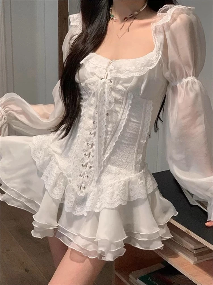 Y2K White Short Dresses for Women Long Sleeves Square Collar Lace-up Corset French Vintage Ruffles A-line Party Dress Vestidos