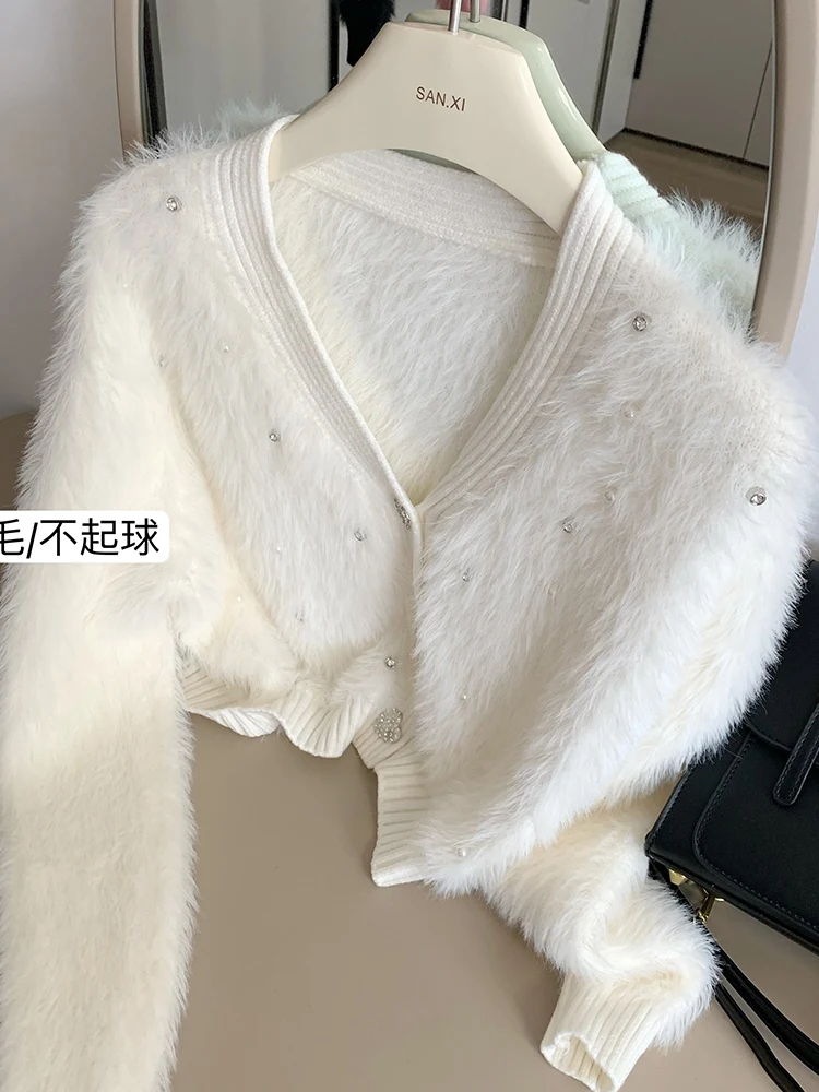 Autumn Winter Woman 2000s Aesthetic Vintage Crop Cardigan Mohair Pearl Sweater Long Sleeve Knitwears Tide Cute Core Korean Chic