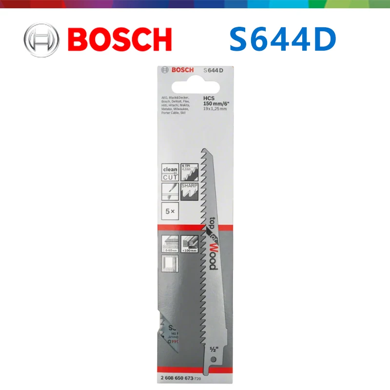Original Bosch S644D Reciprocating Saw Blade, HCS Sabre Saw Blades for Wood Cutting, 150mm Length for MDF Plywood Plastic