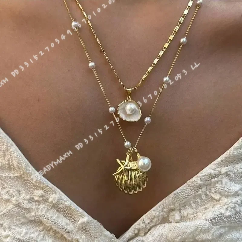 2pcs Boho Gold Color Marine Shell Starfish Pendant Pearl Chain Multi-layer Necklace Set for Women Fashion Jewelry