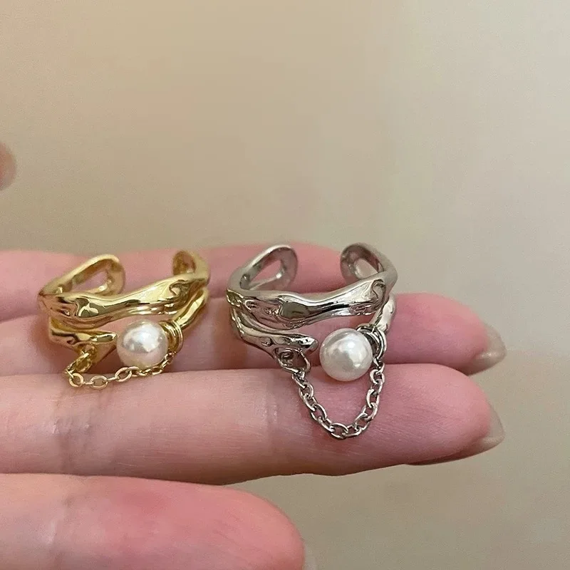 

Vintage Irregular Imitation Pearl Tassel Open Mouth Ring for Women Fashion Accessories Minimalism Charm Jewerly Birthday Gift