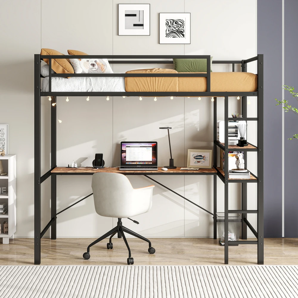 

Twin Size Loft Bed with L Shaped Desk and Shelves, Charging Station, Led Lights, Safety Guard & Ladder, Space-Saving