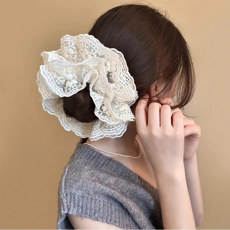 1PCLace Ruffle Scrunchies For Women Elegant Floral Embroidered Hair Ties Romantic Hair Accessory For Bun Hairstyles & Daily Wear