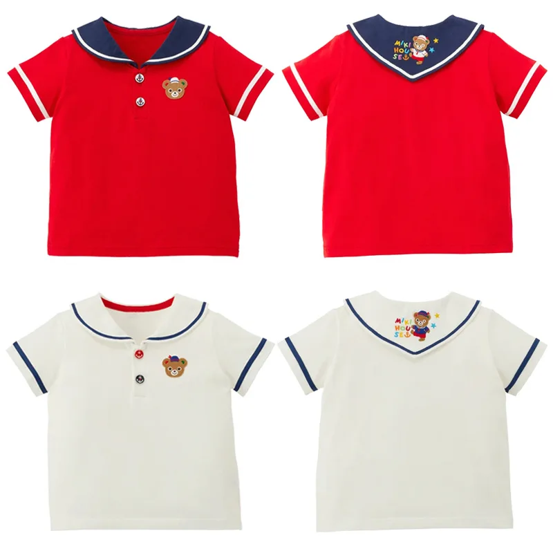 

Boy's Cartoon Bear Letter Embroidered Navy Collar Short-sleeved T-shirt with Shirt Underneath