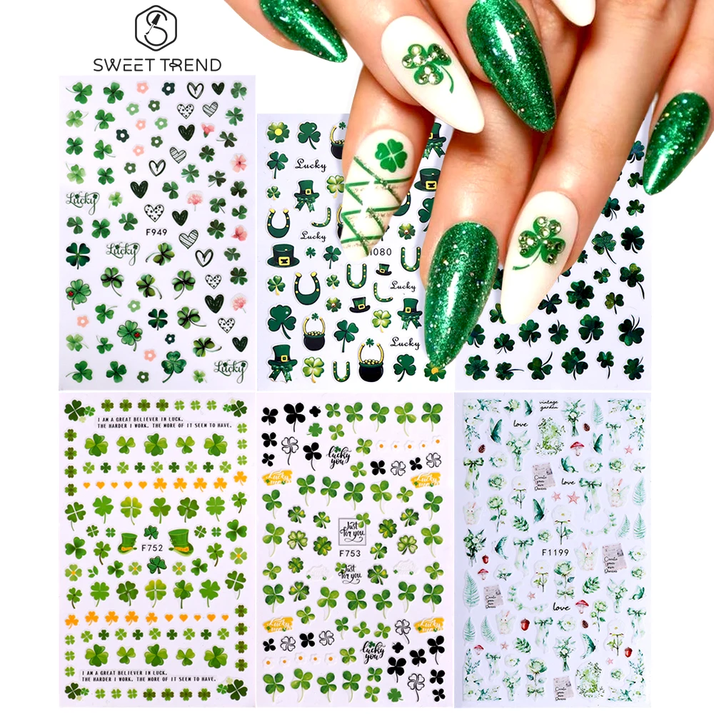 SWEET TREND-6 Stück St. Patrick's Day Nagelkunst-Aufkleber Grünes Vierblättriges Kleeblatt Nagelsticker Glücksbringer Irisches Kleeblatt Nagelaufkleber