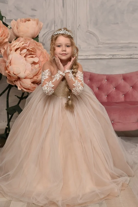 FATAPAESE Vintage Princess Lace Tulle Flower Girls Dress for Kid Child Wedding Party Juniorbridesmaid Maxi Ball Gown Evening