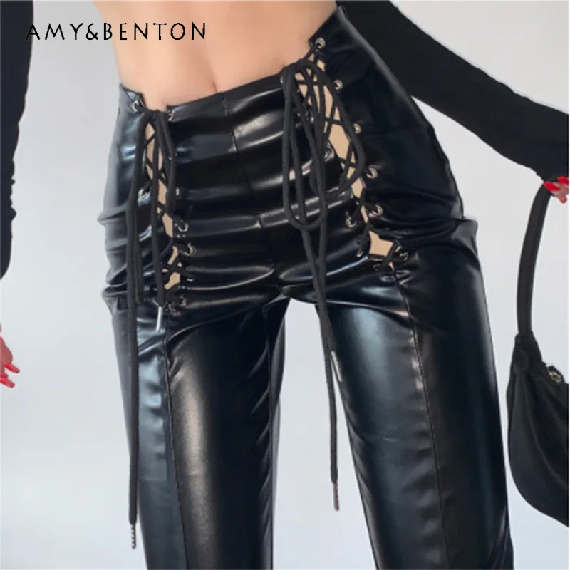 

Original Design Autumn New Black Fashion Lace-Up Women's Trousers Punk Dark Gothic Sweet Cool Sexy Slimming Leather Pants Ladies