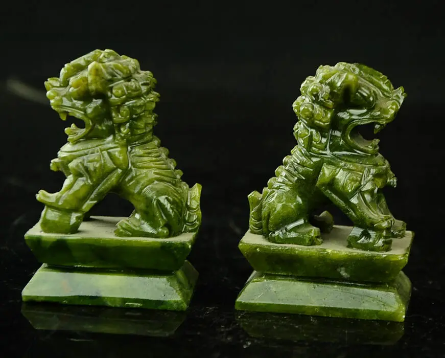 Rare A pair of 100% China natural green jade hand-carved statues fo dog lion