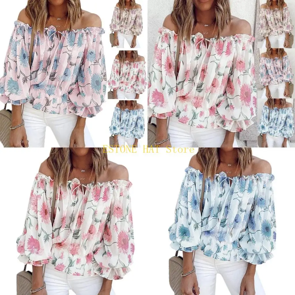 

49MF Printed Ruffle Off Shoulder Shirt Puff Short Sleeves Loose-fit Blouses Breathable Summer Shirt for Women Daily