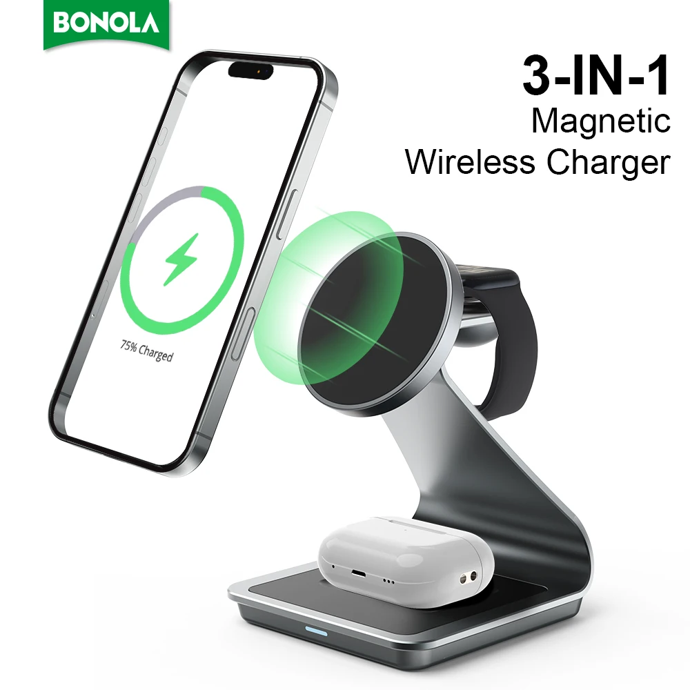 Bonola Metal 3 in 1 Magnetic Charger Stand for iPhone 16/15 Pro/14/13/Apple Watch Magnetic Wireless Charger Station for AirPods