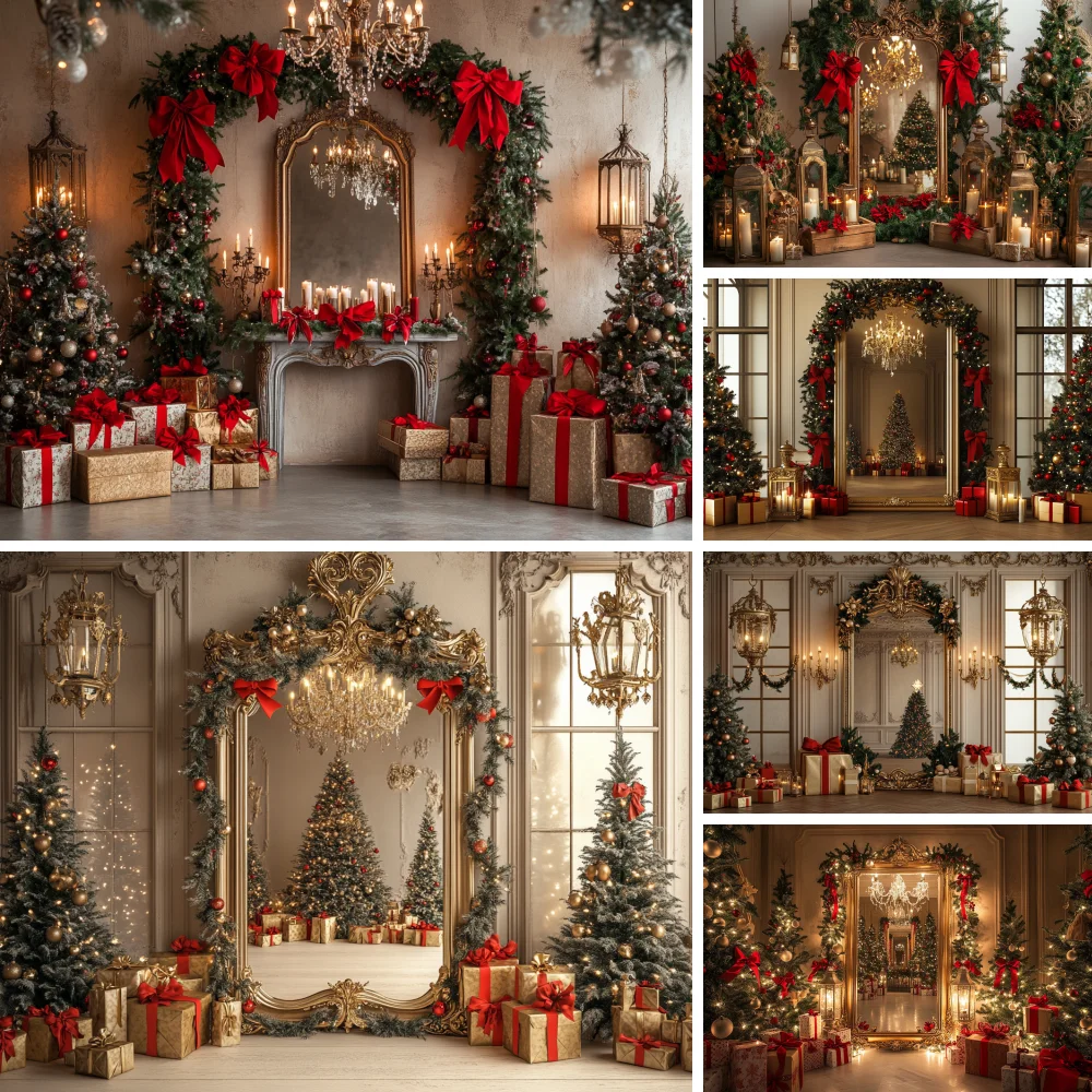 

Christmas Red bow Mirror Background Xmas Tree Gift Photography Backdrop Family Kids Holiday Party Banner Photo Studio