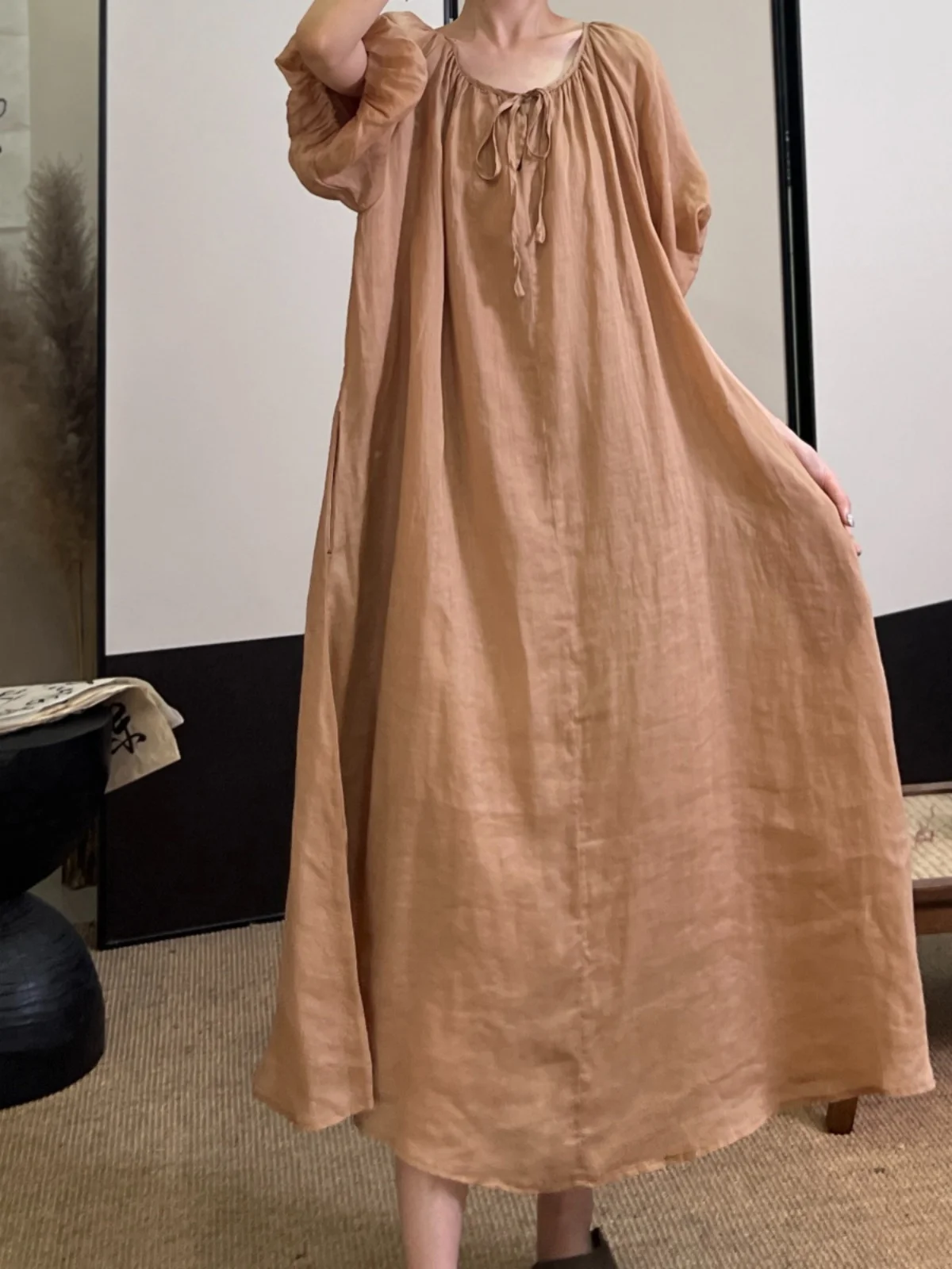 กระโปรงยาวทรงเข้ารูปผูกเอว รุ่น Ele Pure Color Bubble Sve Linen Dr Summer ไซส์พลัส สำหรับผู้หญิง แฟชั่นทันสมัย ทรงกลม ผูกเชือก