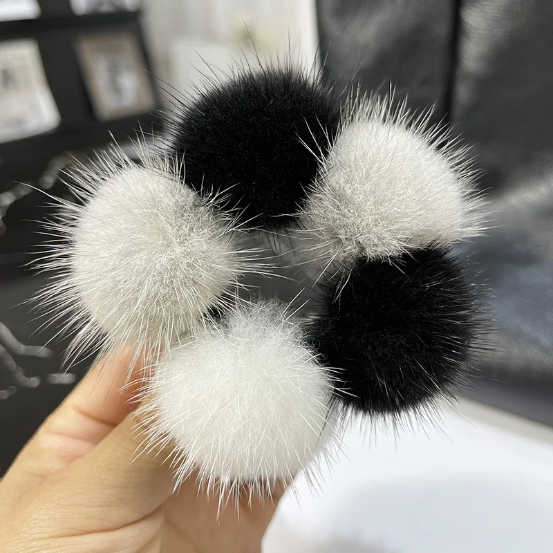 Luxury Real Mink Fur Plush Ball Flowers Women Elastic Rubber Band Hair Rope Patchwork Color Hair Ring Girls Headband Accessories