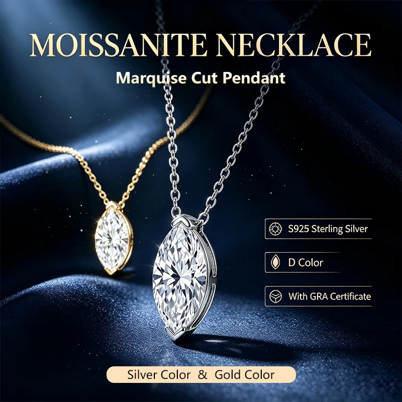925 Silber Moissanit-Halskette, Marquise-Schliff, klassischer Anhänger, eleganter Schmuck, geeignet als Hochzeitsgeschenk für Frauen – Detail 4
