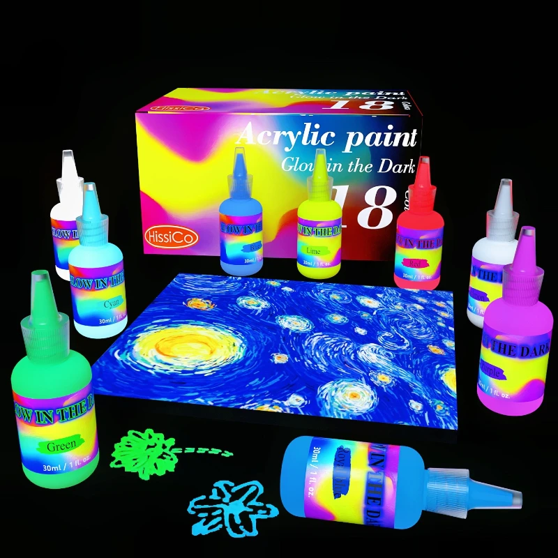 30 مل / 18 لون صبغة أكريليك فلورسنت ملونة زاهية وتألق في الليل لإنشاء أعمال فنية مع تأثيرات مضيئة