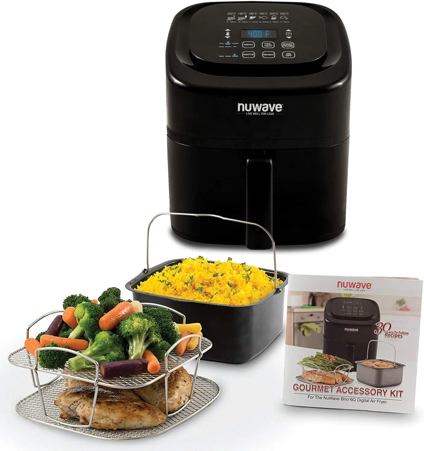 

Brio 6-Quart Digital Air Fryer Including Non-Stick Baking Pan and Stainless-Steel Cooking Rack (6-Quart + Gourmet Kit), Black