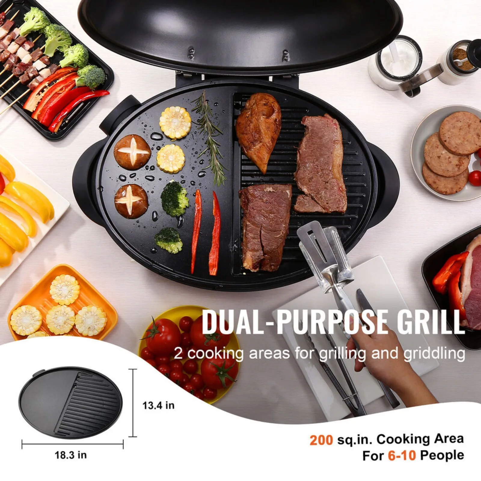 Indoor/Outdoor Electric Grill 1800W 200sq.in with 2 Zone Grilling Surface United States