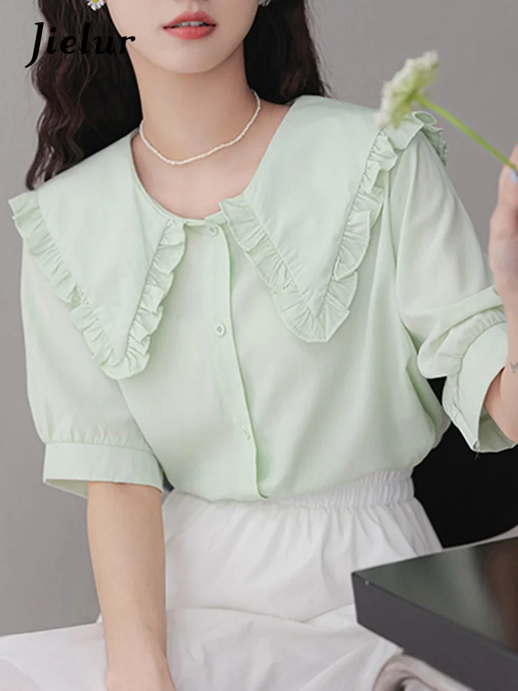 Jielur Light Green Single Breasted Women Shirts French Style Solid Color Ruffled Short Sleeve Summer Female Shirt Office Ladies