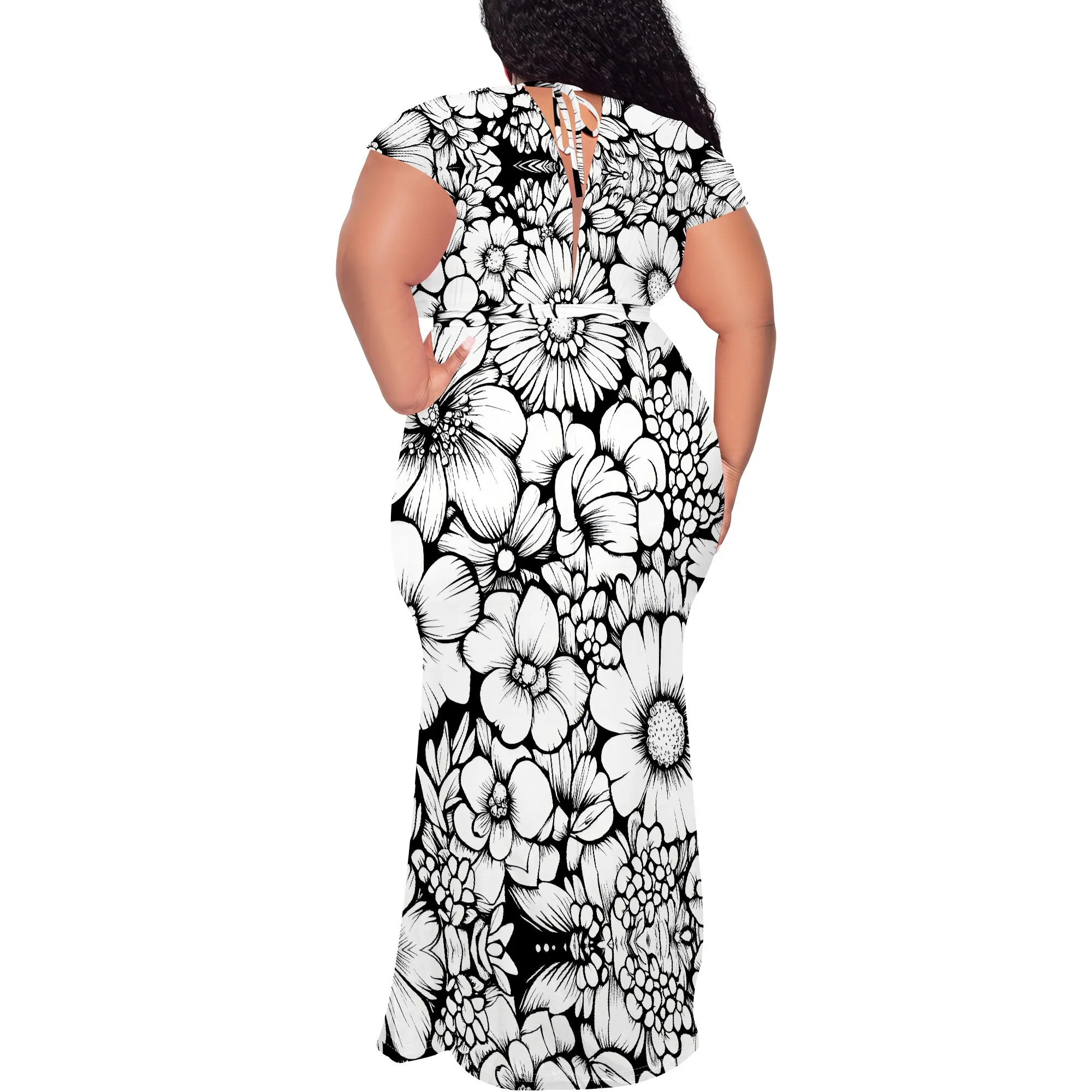 Plus Size Black White Floral Print V Neck Maxi Dress for Women Elegant Boho Outfit