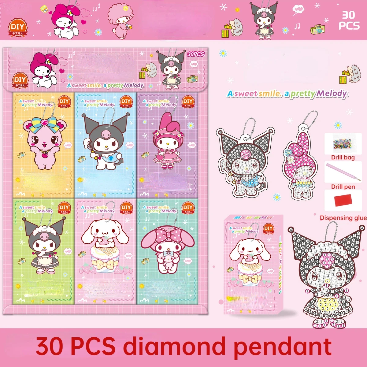 30Pcs Sanrio Diy Diamond Painting Pendants Hello Kitty Cinnamoroll Keychains Birthday Present Crafts Party Favors for Kids Girls