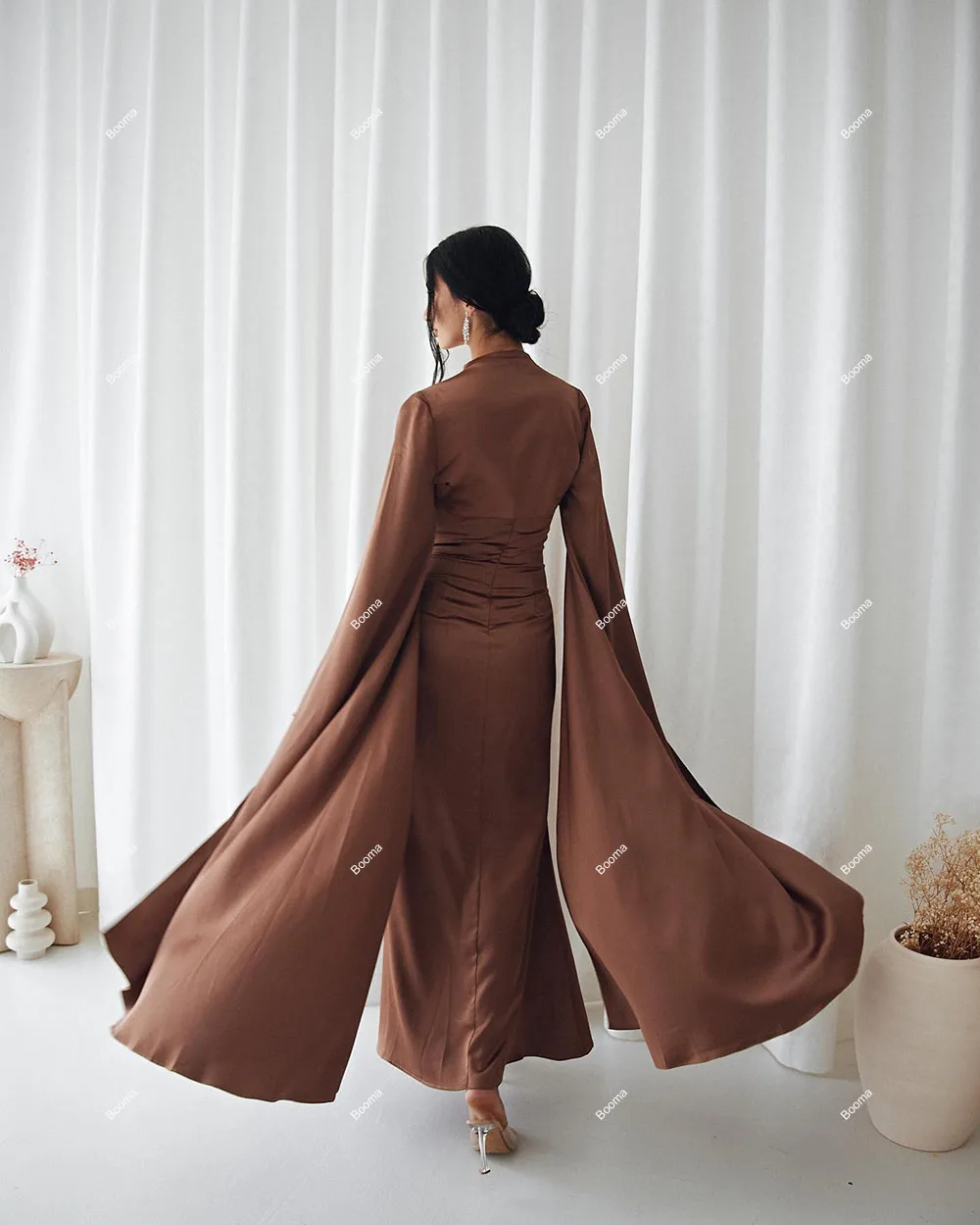 Booma Brown Elegant Simple Mermaid Evening Dresses Long Sleeves Cape Formal Occasion Dresses for Women Party Prom Gowns Dubai