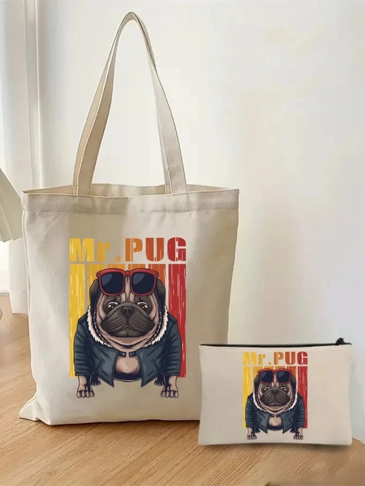 2pcs/set Pug Life Pug Anatomy Women\'s Handbag Cosmetic Organizer Fashion Casual Shoulder Bag Eco Shopping Bag Schoolbag