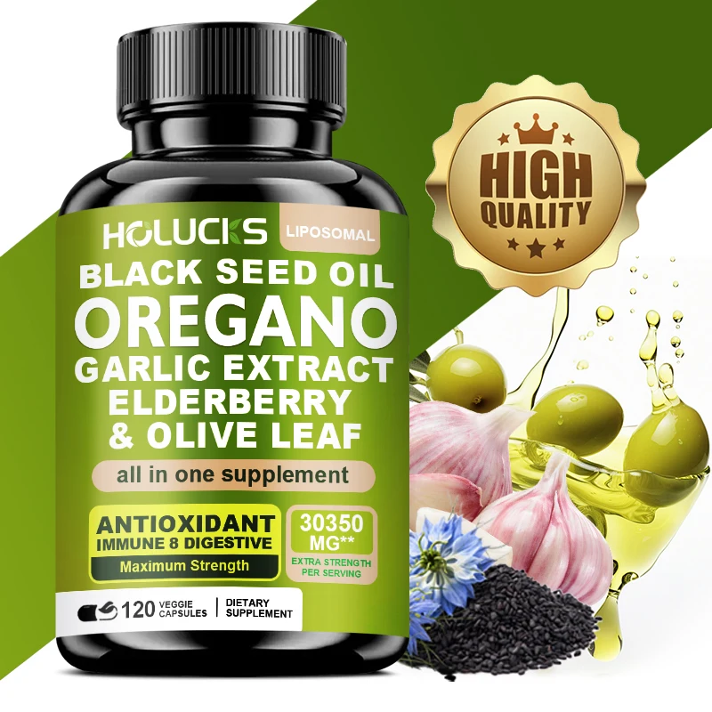 10 in One Oregano Oil Supplement Capsules, Black Seed Oil, Garlic Extract, Elderberry - Immune & Digestive Support - 120 Pills