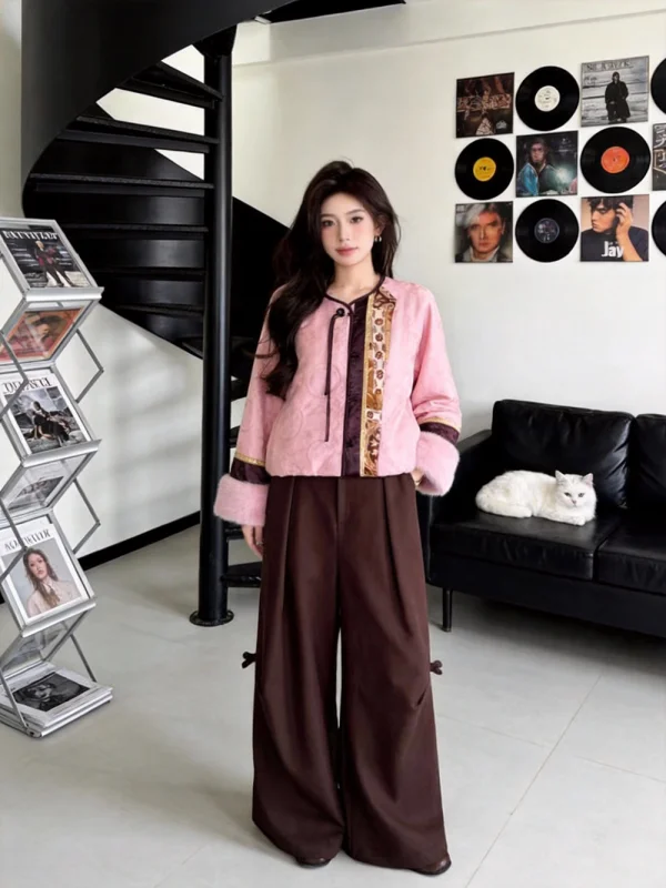 

Casual Commute round Ne Women's Jaet Pink Cotton Faion Anti-aging Outerwear Korean Sle High Waist Long Pants Set