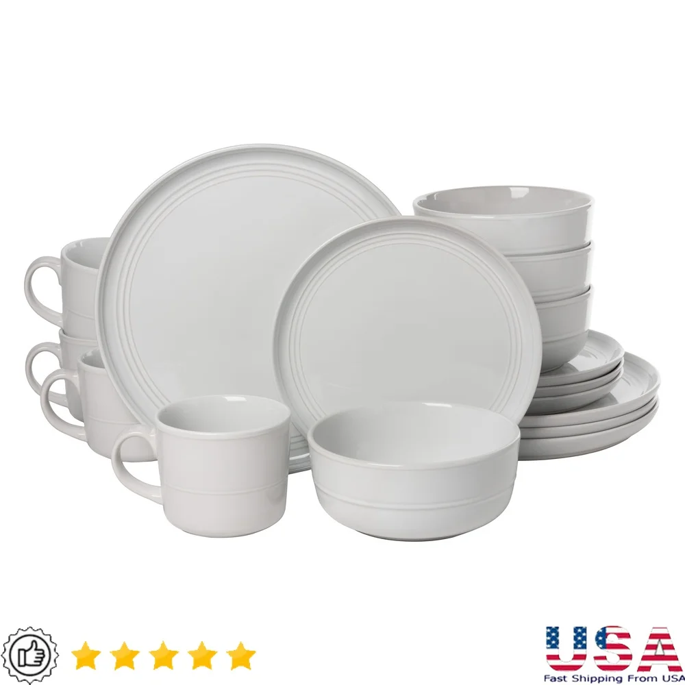 

16 Piece Stoneware Dinnerware Set Dishwasher Microwave Safe Plates Bowls Mugs Gloss White Durable Kitchen Tableware