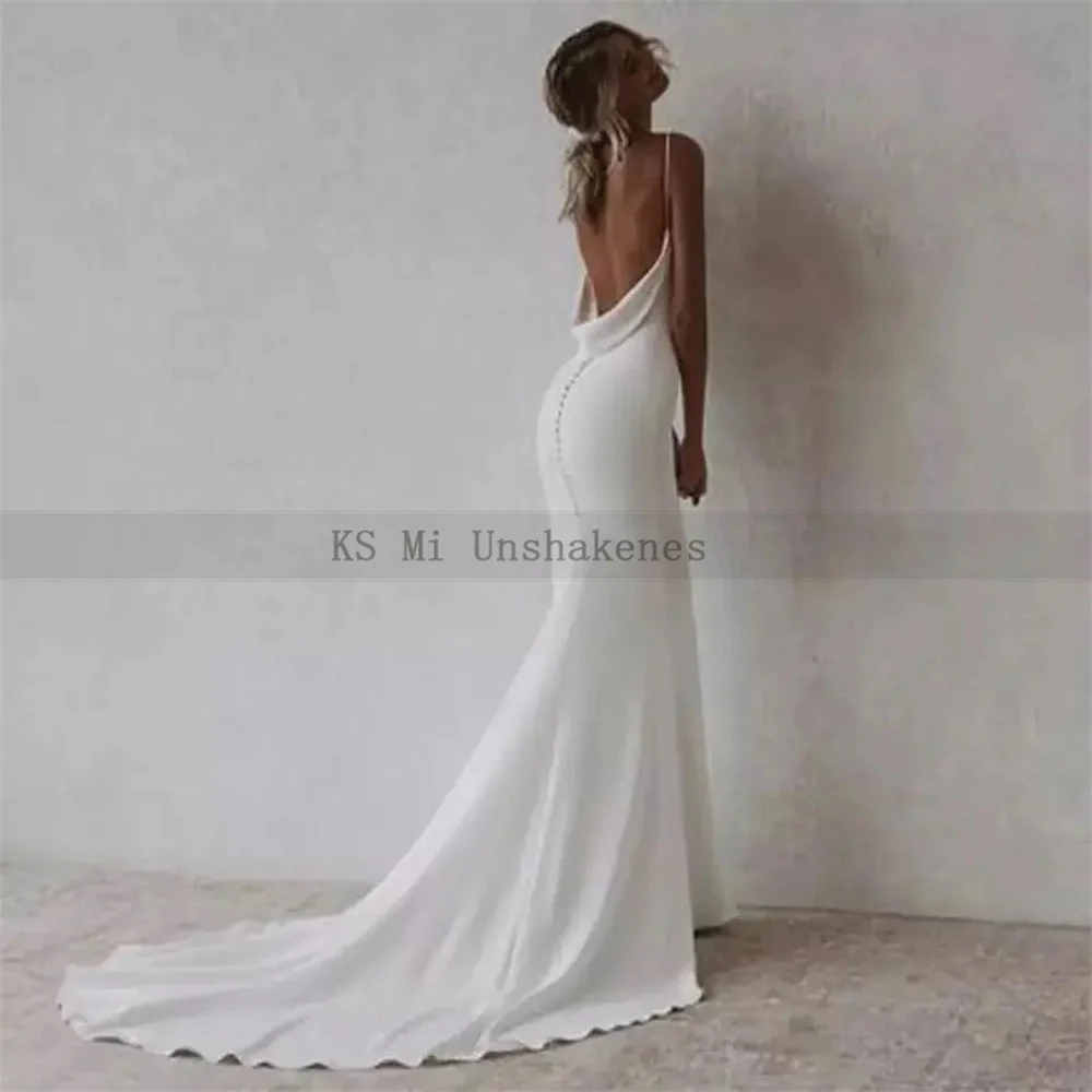 Summer Sexy Beach Wedding Dresses V Neck Backless Bride Dress Vestido de Noivas Sereia Mermaid Wedding Gowns Satin Buttons