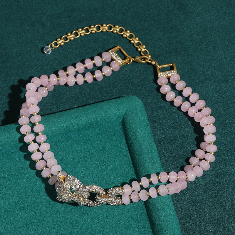 Retro Layered Pink Necklace Vintage Beaded Natural Stone Leopard Head Women Antique Jewelry New Chokers Gothic For Girls