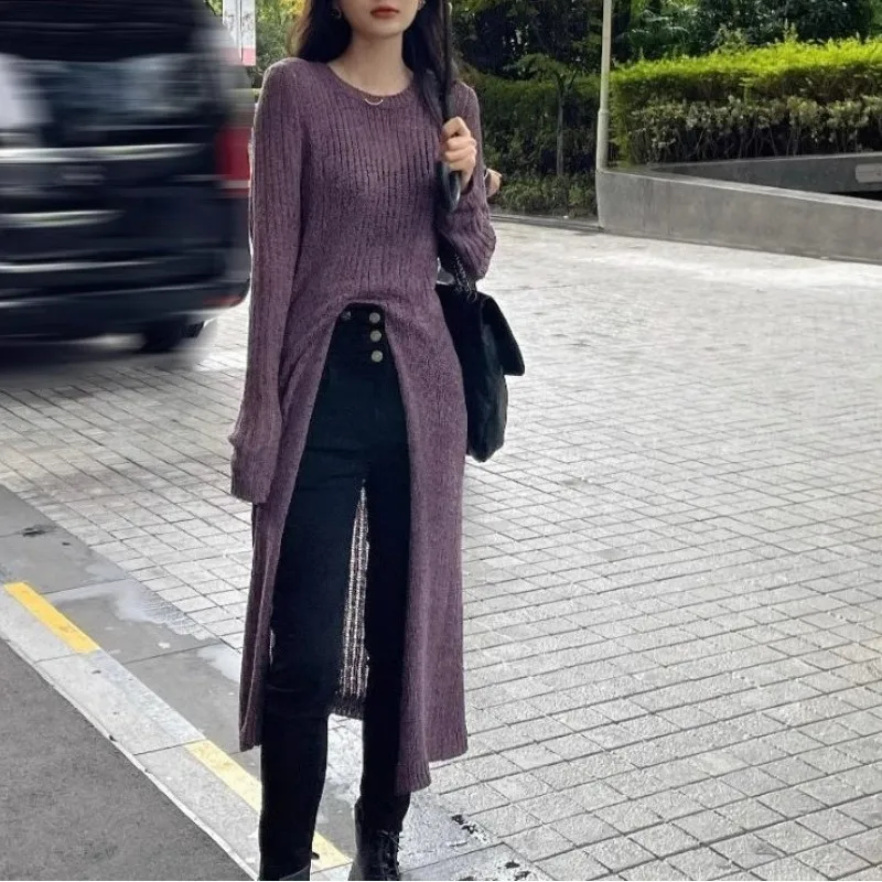 Women\'s Pullover Round Neck Sweater Spring Autumn Fashion Shimmery Solid Color Long Sleeve Split Midi Hollow Out Knit Bottom Top