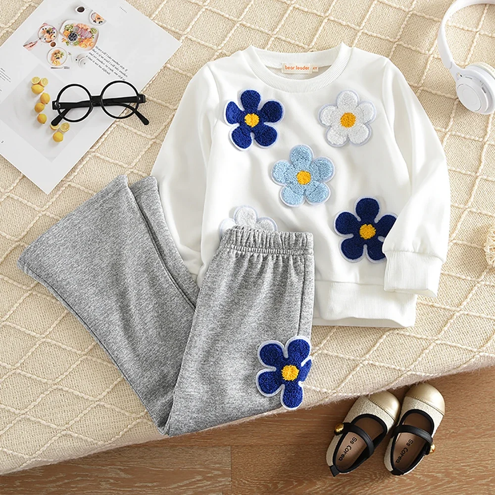 

Новый осенний детский комплект с красным цветочным принтом и воротником с длинными рукавами + брюки, костюм из 2 предметов, весенняя модная повседневная одежда для девочек