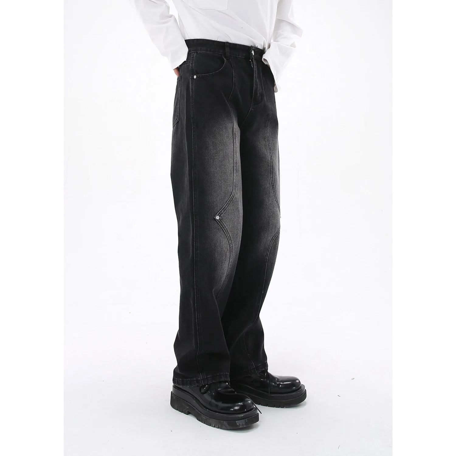 Korean version irregular design straight jeans male Korean version trendy brand retro straight casual trousers tide