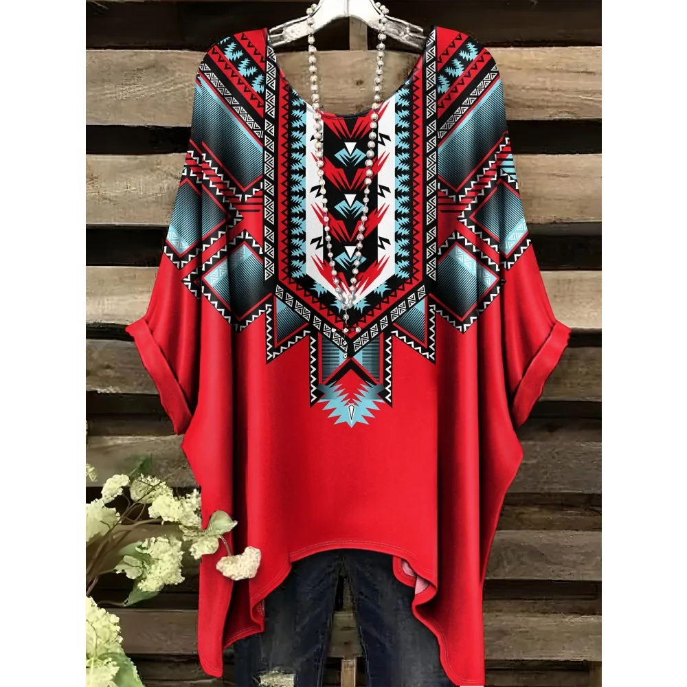 

Women T-Shirts Bohemian Vacation Simple Pattern Print Tops Irregular Hemp Round Neck Fashion Versatile Short Sleeve Y2k Clothes