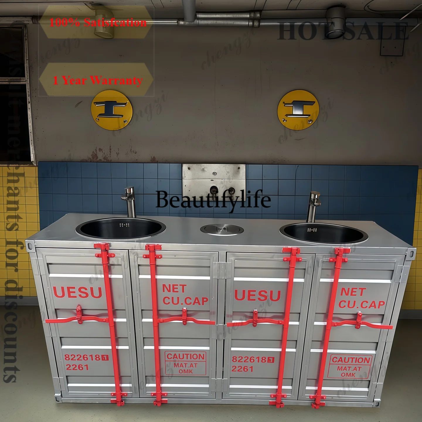 B567 Container industrial style washbasin cabinet, vintage washbasin for restaurants, double washbasin